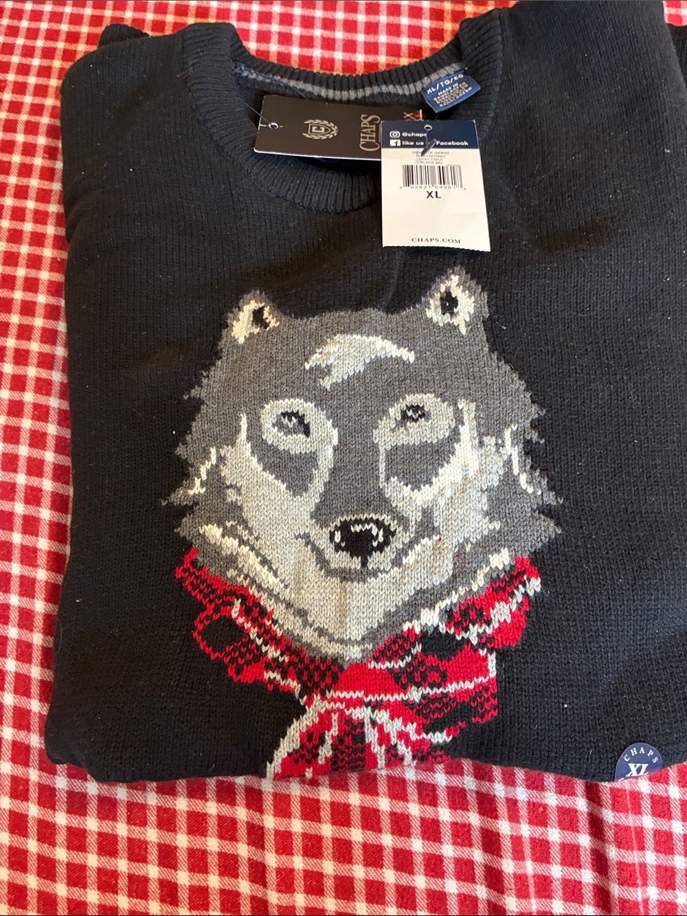 Chaps Black Sweater with Grey Wolf and Red Accent